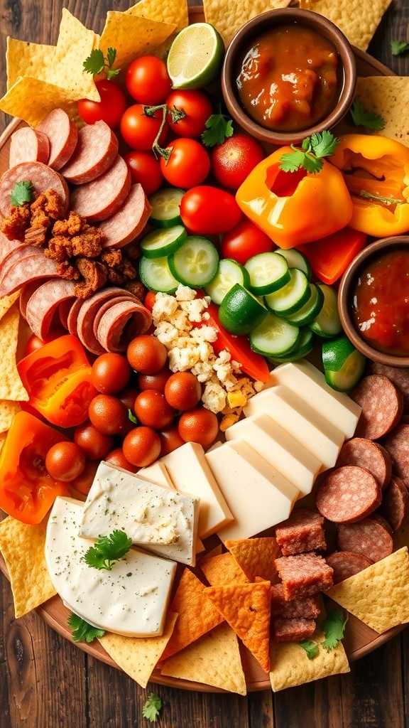 A festive Mexican charcuterie board with cheeses, meats, vegetables, guacamole, and salsa.